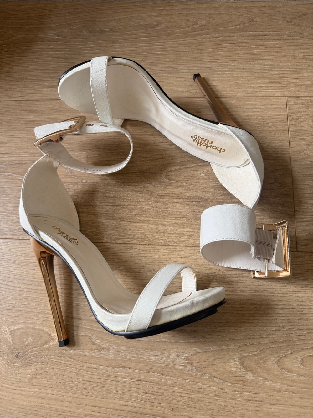 Charlotte Russe White and Gold Ankle Strap Stiletto Heels